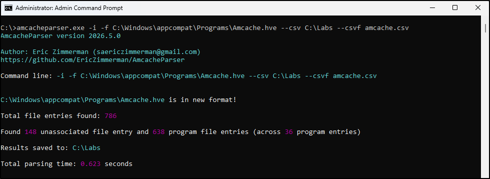 Screenshot: On the administrator Command Prompt, use AmcacheParser to parse Amcache and export the results to CSV