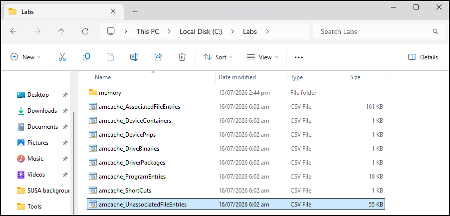 Screenshot: Review the multiple CSV files produced by AmcacheParser, including UnassociatedFileEntries