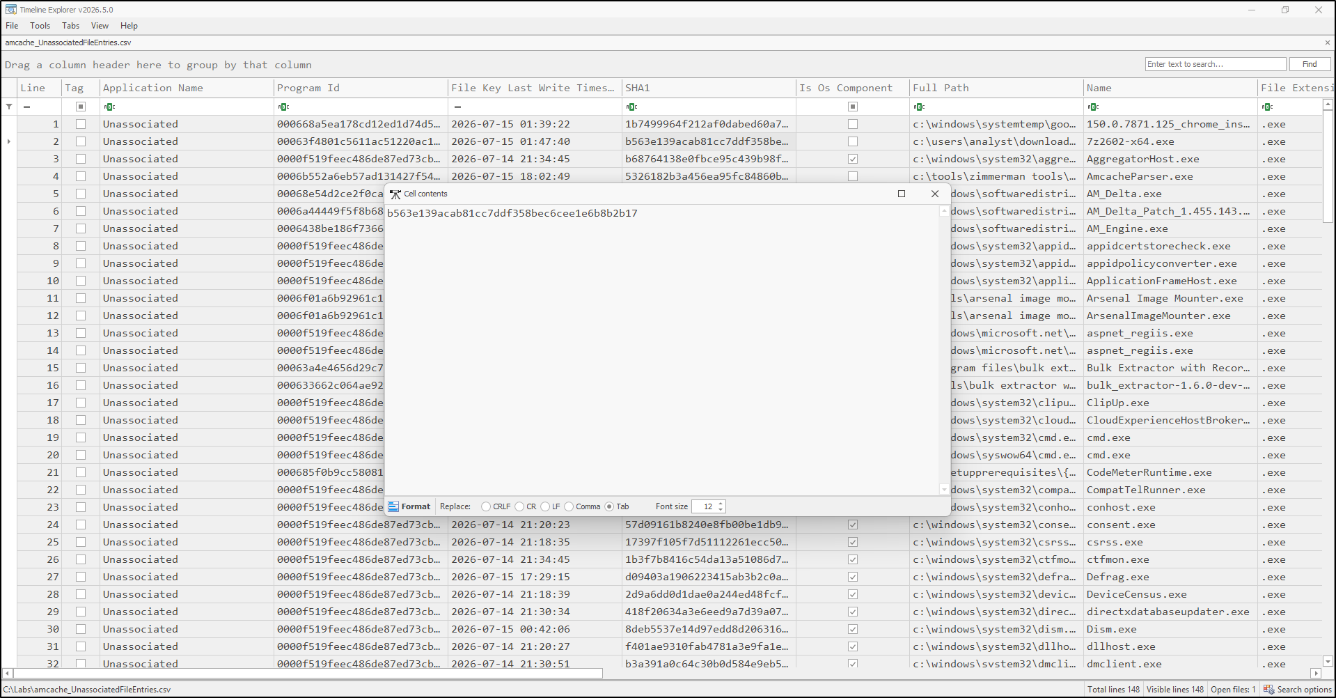 Screenshot: Open the Amcache UnassociatedFileEntries CSV in Timeline Explorer and locate 7z2600-x64.exe