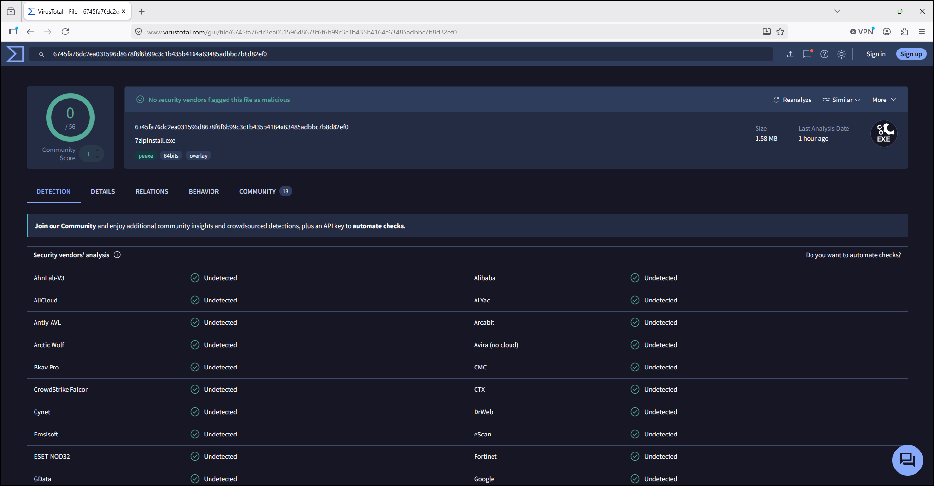 Screenshot: Search the recorded SHA-1 value in VirusTotal and review the returned file identity and reputation context