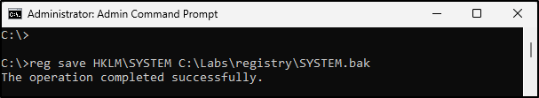 Screenshot: Create a backup copy of the SYSTEM hive from an administrator Command Prompt