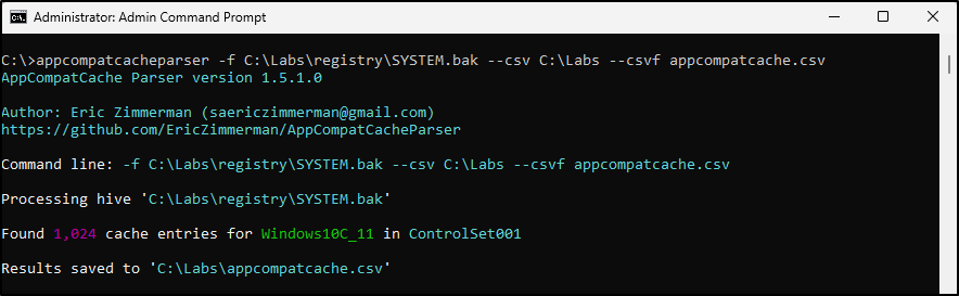 Screenshot: Parse the offline SYSTEM hive with AppCompatCacheParser and export appcompatcache.csv