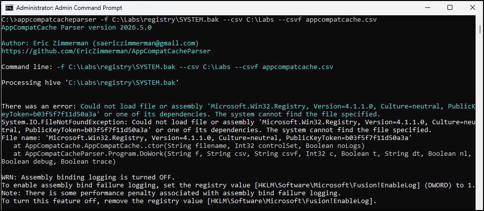 Screenshot: Record the missing Microsoft.Win32.Registry assembly error before using a complete or recorded compatible package