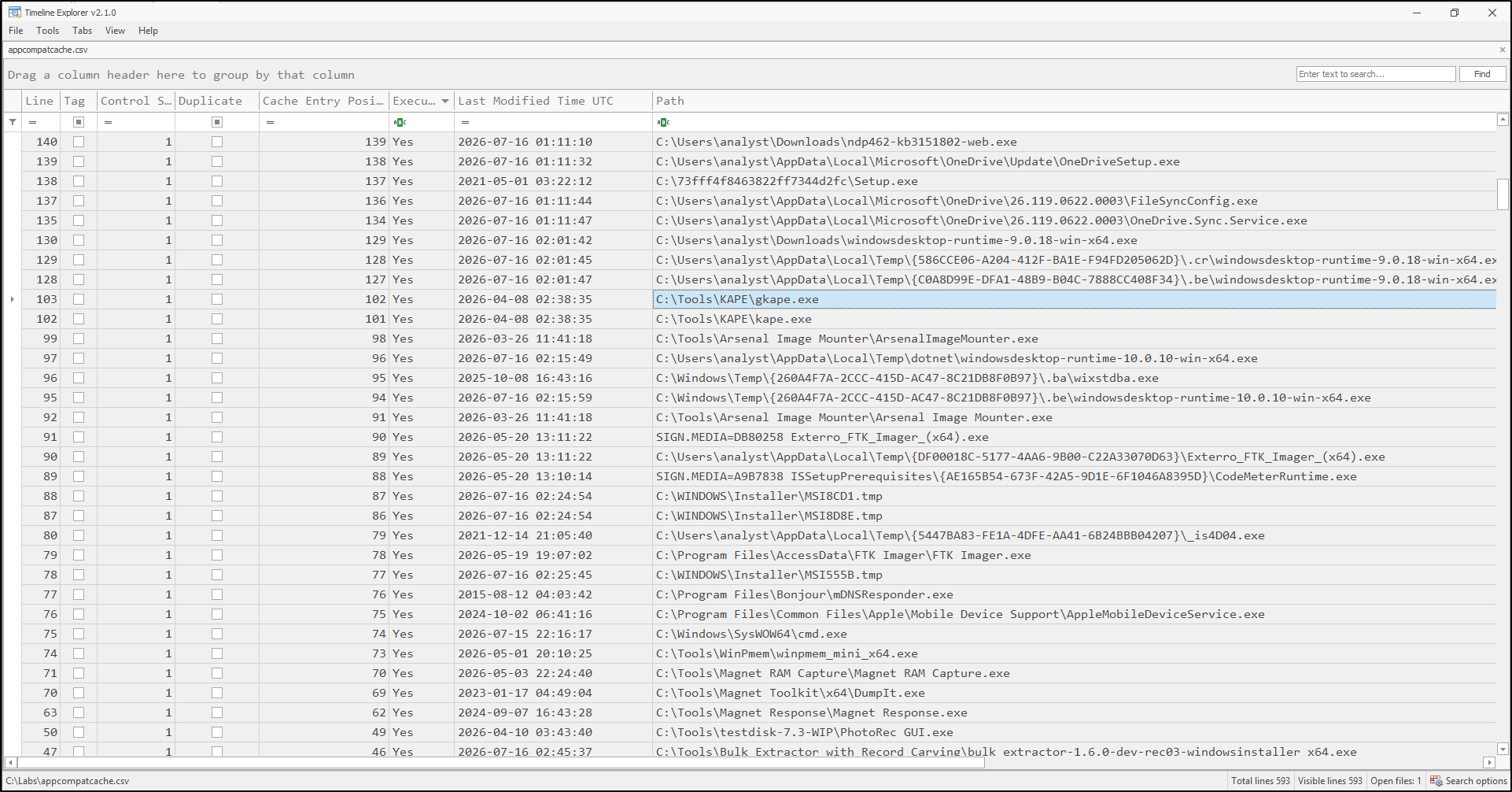 Screenshot: Review the gkape AppCompatCache entry and its recorded timestamp in Timeline Explorer