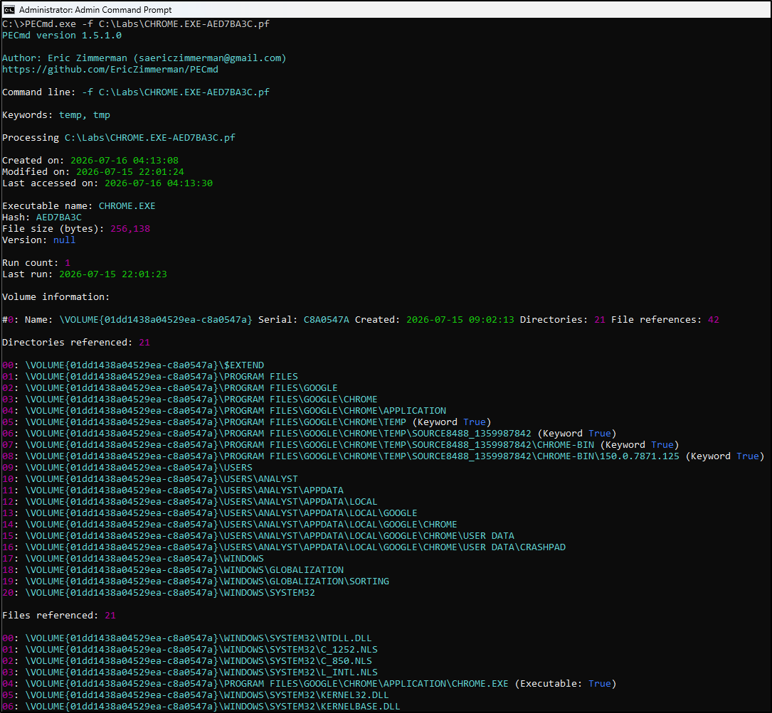 Screenshot: Run PECmd against the copied Chrome Prefetch file