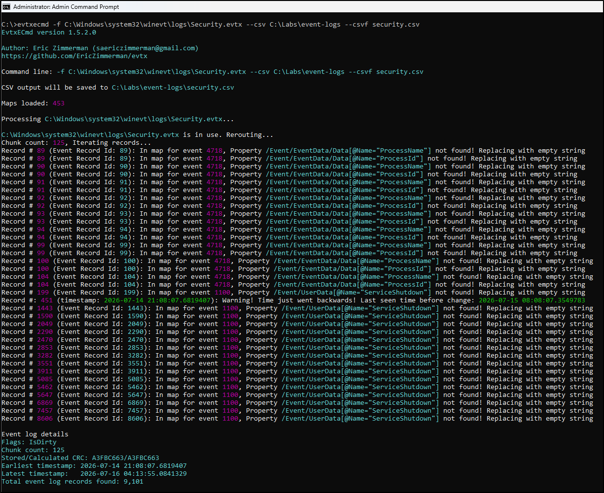 Screenshot: Run EvtxECmd to parse the Security event log and export security.csv