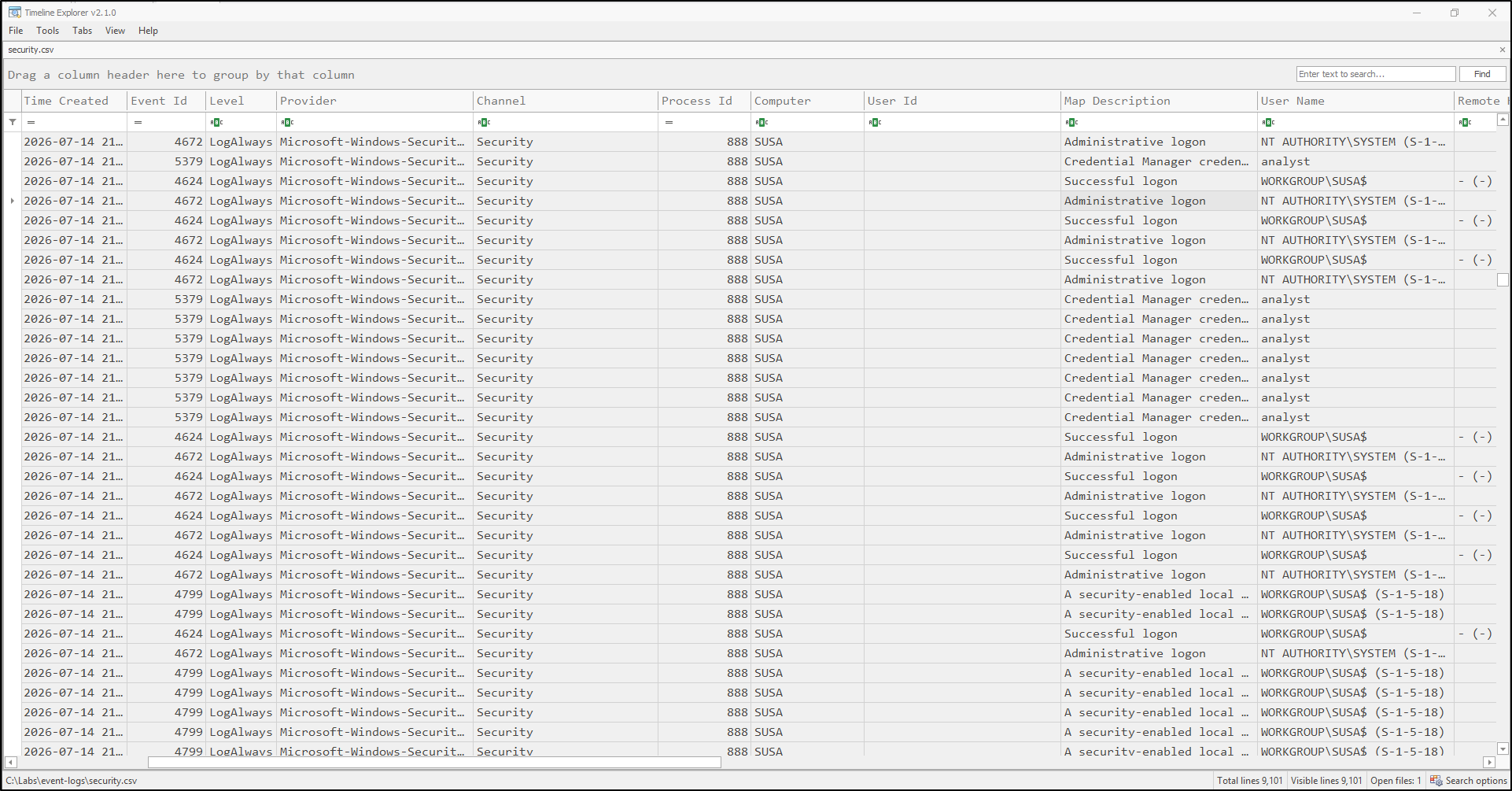 Screenshot: Open security.csv in Timeline Explorer and review the parsed Security events