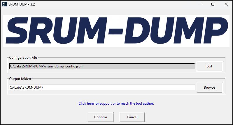 Screenshot: Confirm the SRUM-DUMP configuration and output folder
