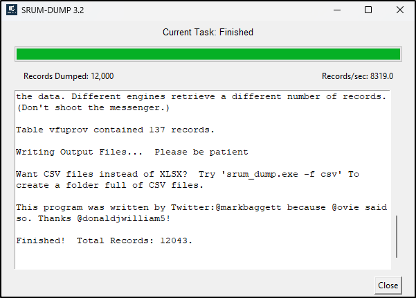 Screenshot: Completed SRUM-DUMP parse and record count